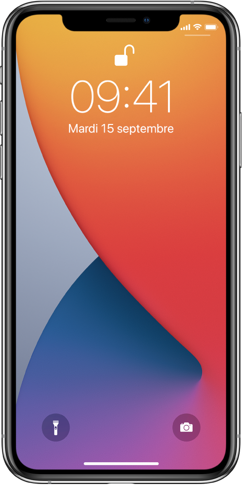 Écran verrouillé, sur lequel sont affichées l’heure actuelle et la date.