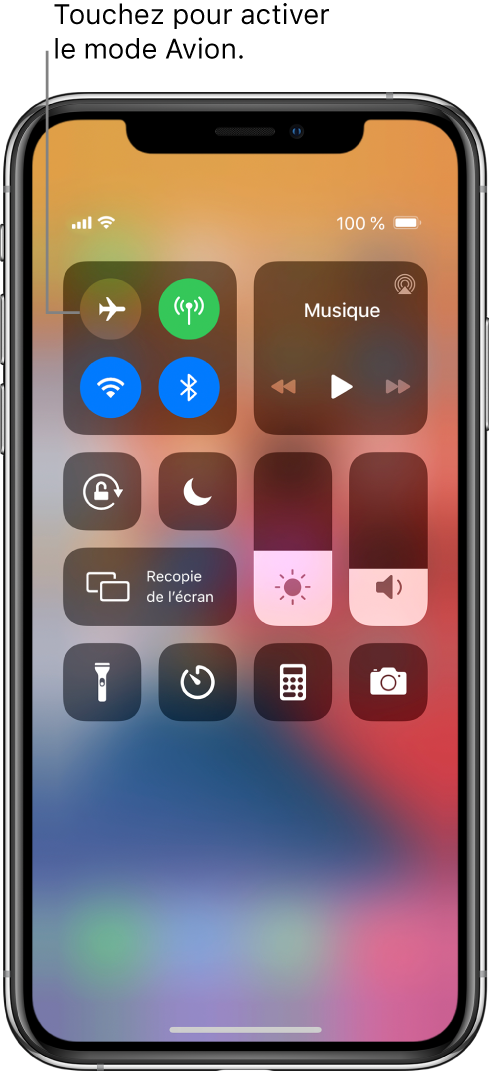 L’écran du Centre de contrôle et une légende expliquant l’activation du mode Avion à l’aide d’une pression sur le bouton en haut à gauche.