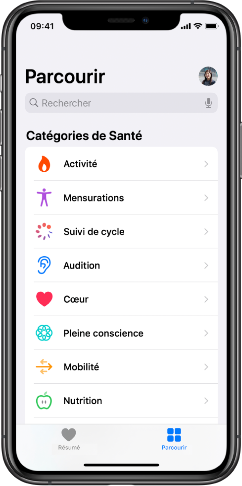 L’écran « Catégories de Santé » dans l’app Santé.
