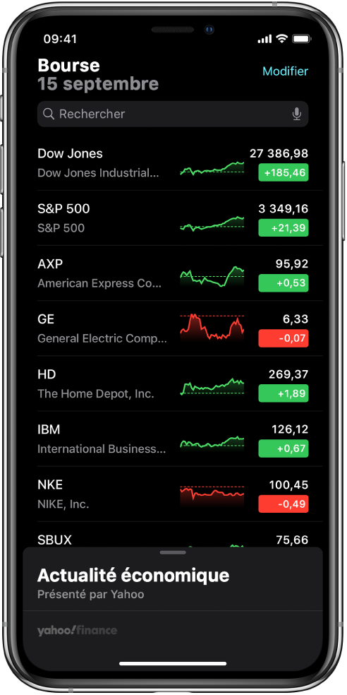 Une liste de suivi avec une liste de diverses actions. Chaque action de la liste affiche, de gauche à droite, le symbole et le nom de l’action, un graphique des performances, le cours de l’action et les évolutions du cours. En haut de l’écran, au-dessus de la liste de suivi, se trouve le champ de recherche. Sous la liste de suivi se trouve Business News. Balayez Business News vers le haut pour afficher des articles.