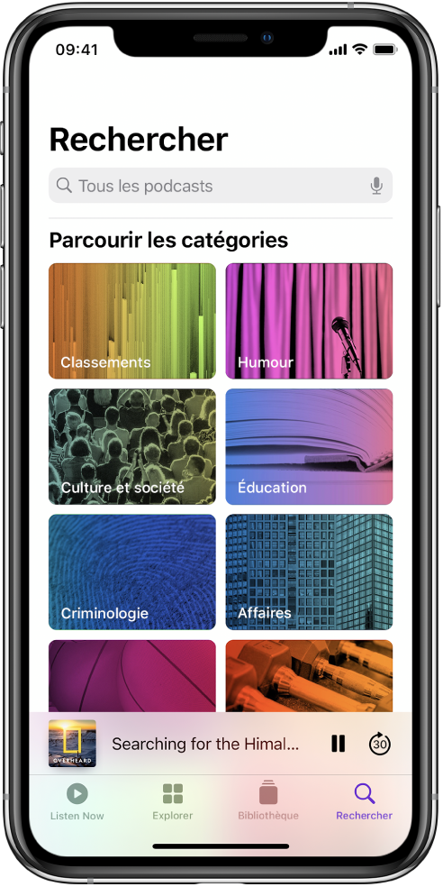 L’écran Rechercher affichant les catégories Classements, Humour, « Culture et société », Actualité, Criminologie et Affaires.