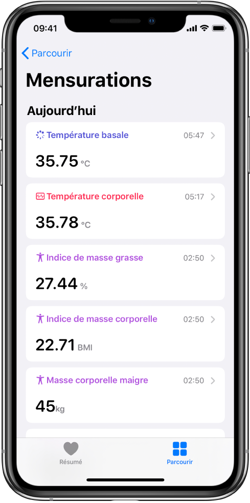 Écran de détails pour la catégorie Mensurations.