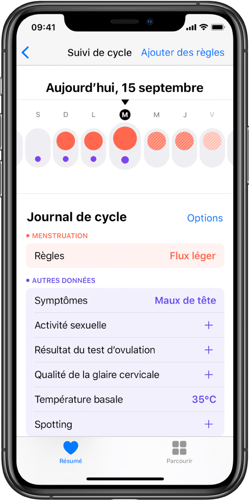 L’écran « Suivi de cycle » dans l’app Santé.