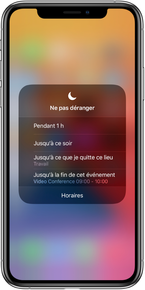 L’écran de sélection de la durée de la fonctionnalité « Ne pas déranger ». Les différentes options disponibles sont : Pendant 1 heure, Jusqu’à ce soir, Jusqu’à ce que je quitte ce lieu et Jusqu’à la fin de cet évènement.