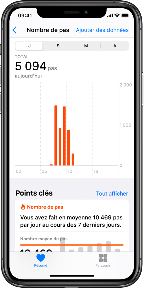 L’écran Résumé dans l’app Santé présentant un graphique représentant le nombre de pas effectués dans la journée. Des boutons permettant de consulter la progression par jour, semaine, mois ou année se trouvent en haut de l’écran. Le bouton Résumé se trouve en bas à gauche et le bouton Parcourir est en bas à droite.