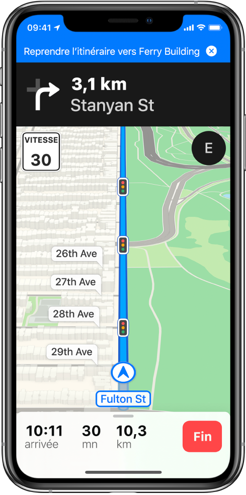 Une carte de l’itinéraire en voiture avec une bannière bleue en haut de l’écran pour reprendre l’itinéraire vers Ferry building.