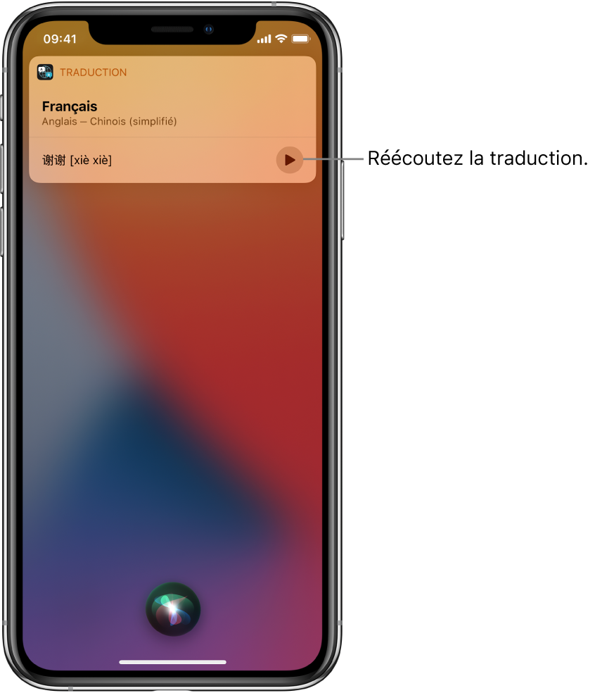 Siri affiche une traduction de l’expression anglaise « thank you » en mandarin. Un bouton situé à droite de la traduction relance l’audio de la traduction.