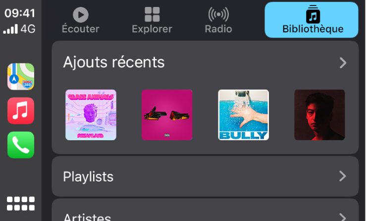 Écran CarPlay indiquant un groupe de morceaux ajoutés récemment.