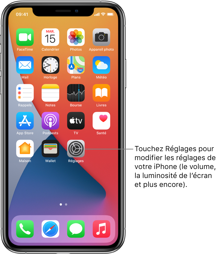 L’écran d’accueil avec plusieurs icônes d’app, notamment l’icône de l’app Réglages, que vous pouvez toucher pour modifier le volume, la luminosité de l’écran et d’autres réglages de votre iPhone.