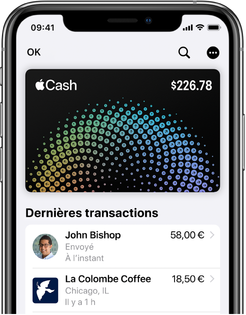 La carte Apple Cash dans Cartes affichant le bouton Plus en haut à droite les dernières transactions qui figurent sous la carte.