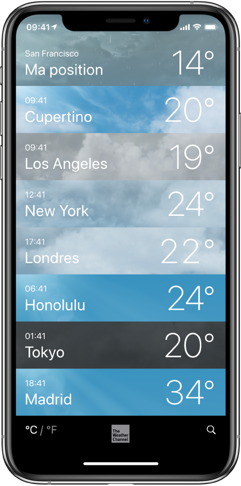 Une liste de villes affichant l’heure et la température actuelle pour chacune des villes.