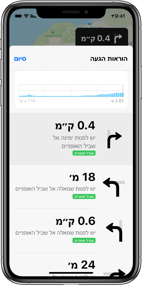 רשימת הוראות הגעה פניה‑אחר-פניה במסלול רכיבה על אופניים.