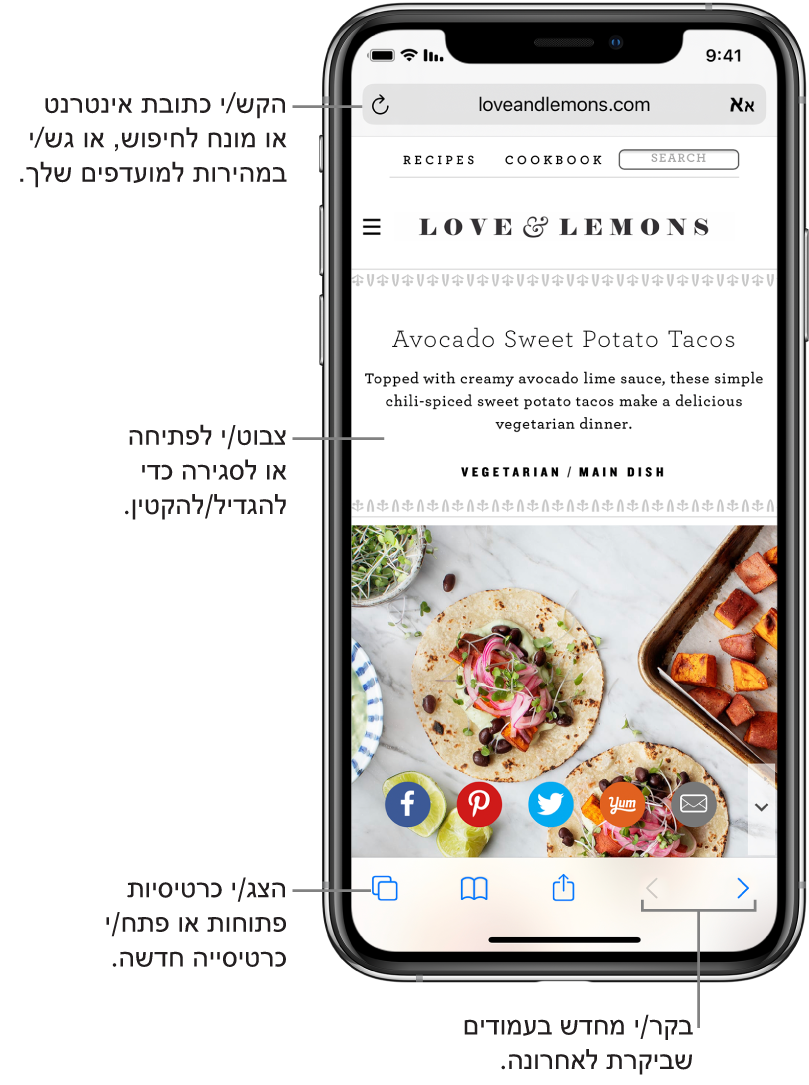 אתר אינטרנט פתוח ב‑Safari, עם שדה הכתובת בחלקו העליון. בתחתית המסך, מימין לשמאל, נמצאים הכפתורים ״הקודם״, ״קדימה״, ״שתף״, ״סימניות״ ו״עמודים״.
