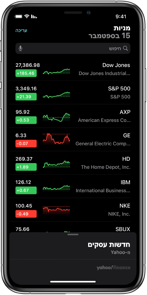 רשימת מניות במעקב עם מניות שונות. כל מניה ברשימה מציגה, משמאל לימין, את סימול המניה ושמה, תרשים ביצועים, מחיר המניה ותנודות במחיר. בראש המסך, מעל לרשימת המעקב, מופיע שדה חיפוש. מתחת לרשימת המעקב מופיע Business News. יש להחליק כלפי מעלה על Business News כדי להציג כתבות.