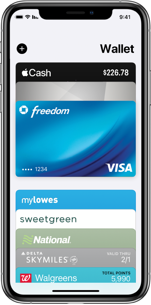 מסך Wallet, מציג את החלק העליון של כמה כרטיסי אשראי, כרטיסי חיוב ואישורים.