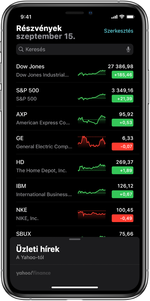 Figyelési lista különféle részvényekkel. A listán lévő egyes részvények mellett (balról jobbra haladva) a tőzsdei szimbólum és név, egy teljesítménydiagram, a részvényár és az ár változása látható. A keresőmező a képernyő tetején található a figyelési lista felett. A figyelési lista alatt az Üzleti hírek rész található. Legyintsen felfelé az üzleti hírek felett az üzleti hírekről szóló cikkek megjelenítéséhez.