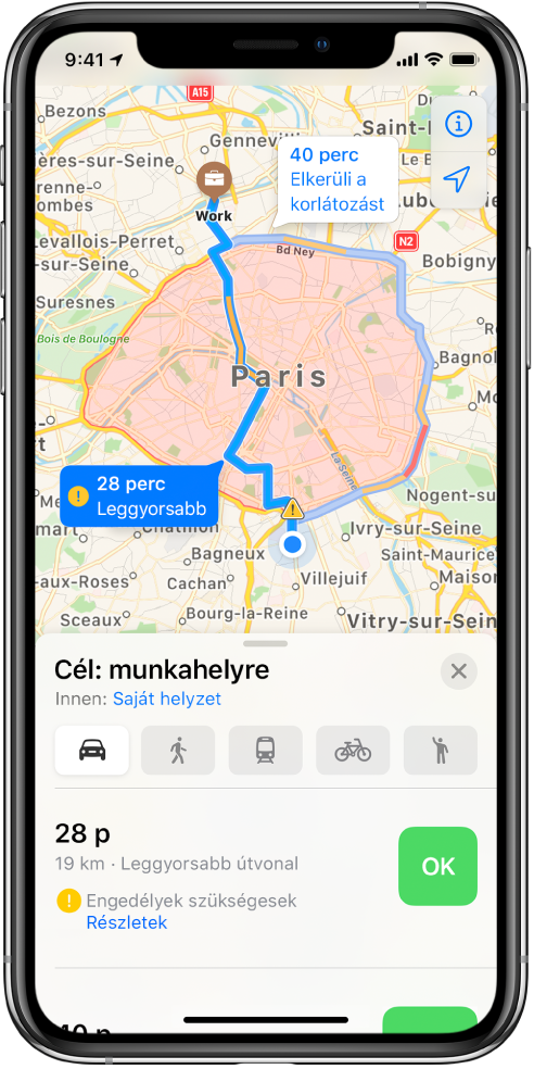 A Párizs belvárosát mutató térképen egy gyors, a városon átvezető út, valamint egy lassabb, a várost és az akadályokat megkerülő útvonal látható.