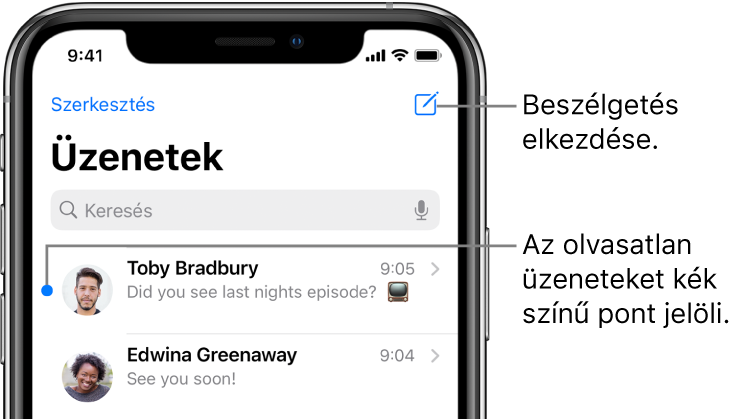 Az üzenetek listája, a bal felső részen a Szerkesztés gombbal, a jobb felső részen pedig az Írás gombbal. Az üzenetek bal oldalán lévő kék pont azt jelzi, hogy az adott üzenet olvasatlan.