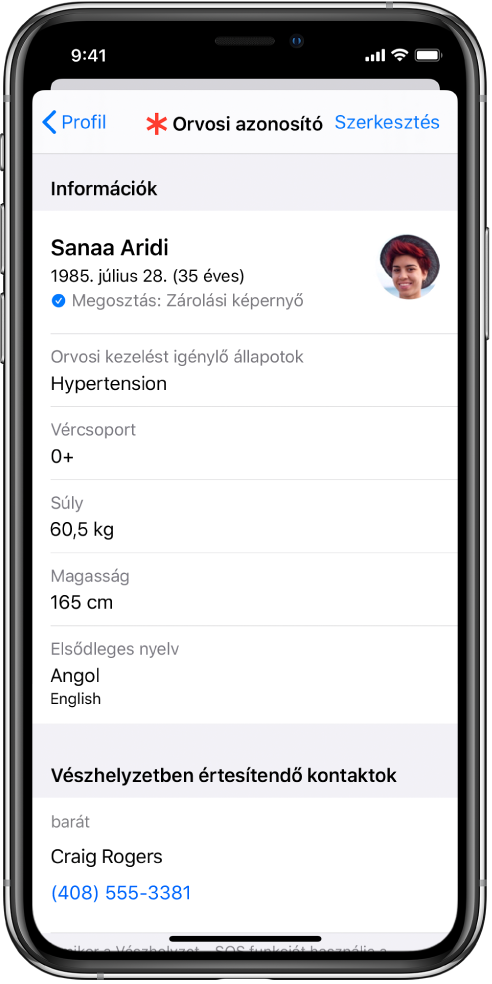 Az orvosi azonosító képernyője, amelyen különböző információk láthatók, például a születési dátum, az egészségi állapot, a gyógyszerek és a vészhelyzet esetén értesítendő kontakt.