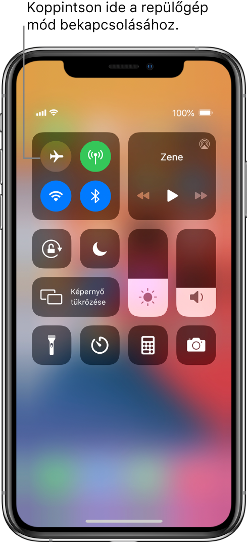 A Vezérlőközpont képernyője, amelyen egy felirat azt jelzi, hogy a bal felső gombra való koppintáskor a repülőgép mód bekapcsol.