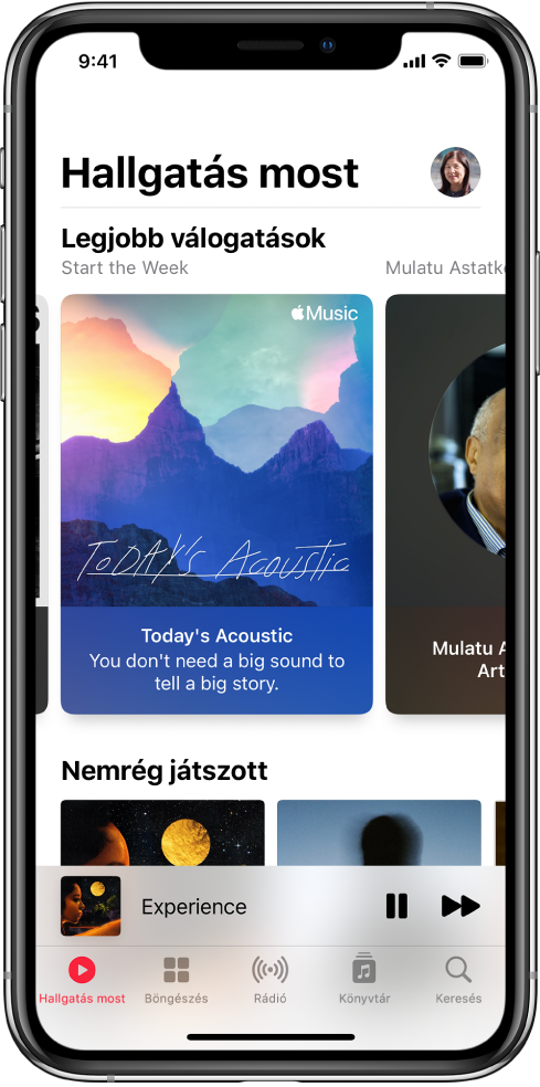 A Hallgatás most képernyő a profil gombbal a jobb oldalon. Alul megjelennek a Top Picks lejátszási listák. A Top Picks alatt a Nemrég játszott rész látható két albummal.