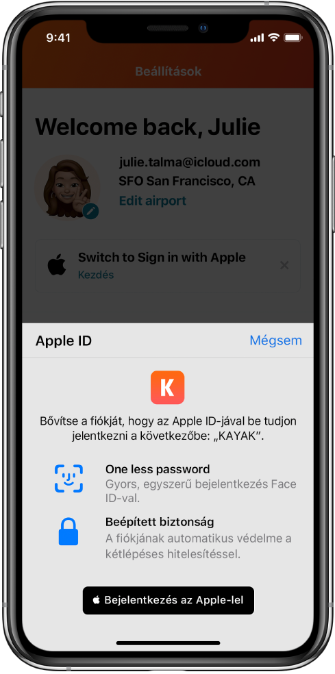 Egy alkalmazás megjeleníti a Bejelentkezés az Apple-lel gombot.