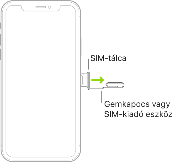 Egy gemkapocs vagy SIM-kiadó eszköz van behelyezve a tálcán lévő nyílásba az iPhone jobb oldalán a tálca kinyitásához és eltávolításához.