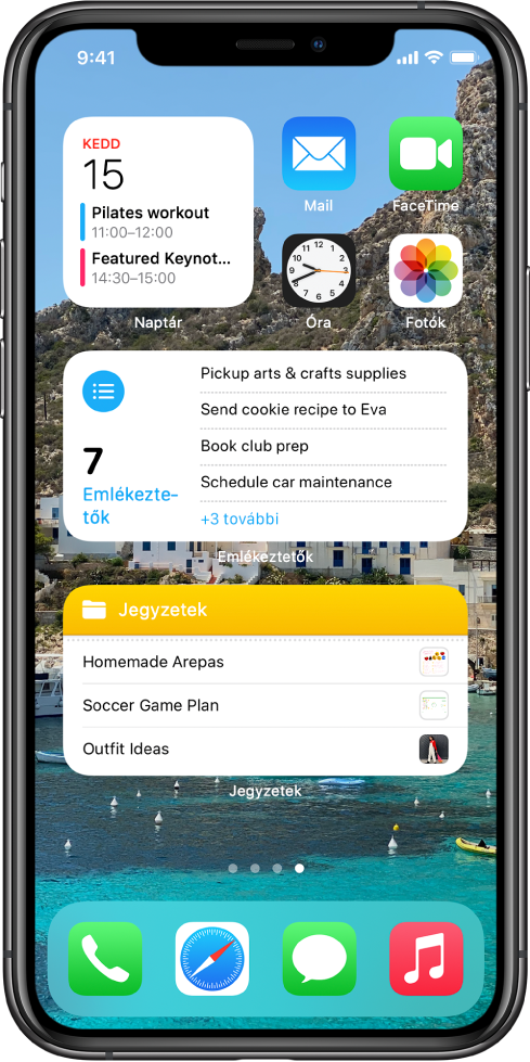 A Főképernyő a hatékonyságot segítő alkalmazásokkal és widgetekkel, többek közt a Naptárral, az Emlékeztetőkkel és a Jegyzetekkel.