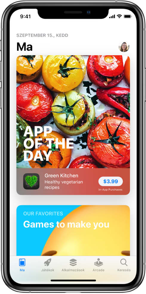 Az App Store alkalmazás Ma képernyője egy kiemelt alkalmazással. A profilkép – amelyre koppintva megtekintheti a vásárlásokat és az előfizetéseket kezelheti – a jobb felső sarokban van. Alul balról jobbra a következő lapok láthatók: Ma, Játékok, Alkalmazások, Arcade és Keresés.