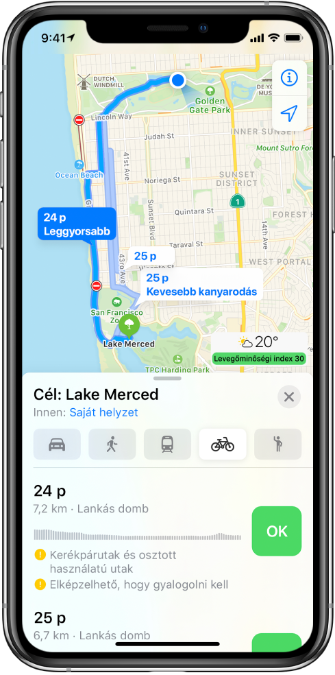 Egy térkép több biciklis útvonaltervvel. Az alul megjelenő útvonal-információk az útvonaltervek részleteit jelenítik meg, többek között a becsült időket, a szintbeli különbségeket és az úttípusokat. Az útvonal-információk között minden lehetőség mellett egy Indulás gomb látható.