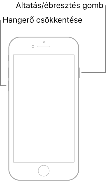 Az iPhone 7 modell, amelynek képernyője felfelé néz. A hangerőcsökkentő gomb az eszköz bal oldalán található, az Altatás/Ébresztés gomb pedig a jobb oldalon.