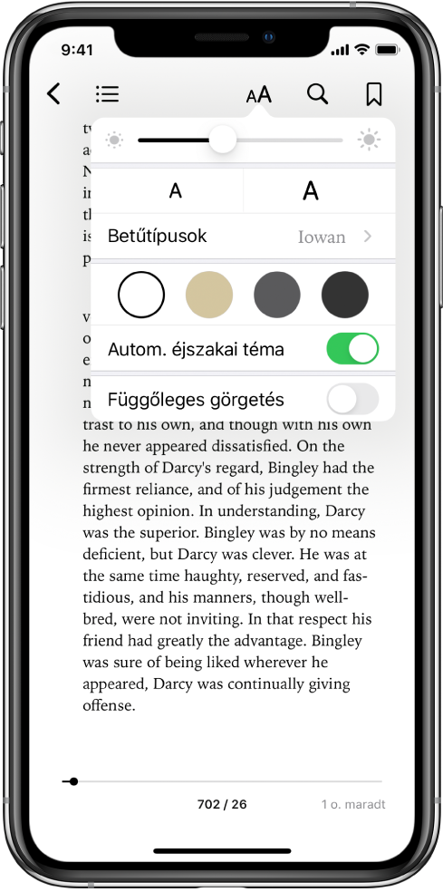 A megjelenés menü, amelyben fentről lefelé a fényerő, a betűméret, a betűtípus, az oldalszín, az automatikus éjszakai téma és a görgetési nézet beállítására szolgáló vezérlőelemek láthatók.