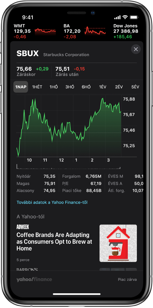 A képernyő közepén egy diagram látható, amely egy részvény teljesítményét jeleníti meg egy egynapos időszakra vetítve. A diagram felett lévő gombok segítségével a következő időszakok szerint jelenítheti meg a részvény teljesítményét: egy nap, egy hét, egy hónap, három hónap, hat hónap, egy év, két év vagy öt év. A diagram alatt a részvénnyel kapcsolatos részletek jelennek meg, például a nyitó ár, a maximum, a minimum és a piaci tőke. A diagram alatt a részvényhez kapcsolódó Apple News-cikkek találhatók.