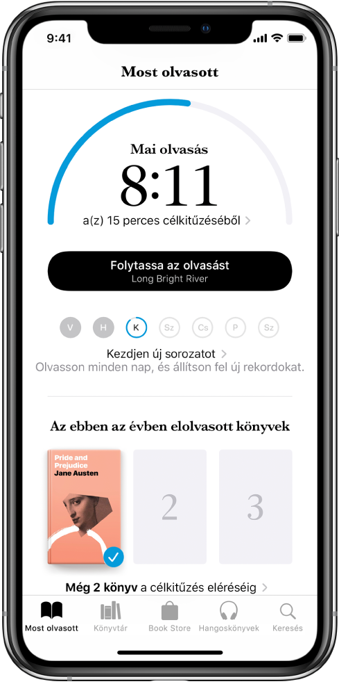 Az olvasási célokat tartalmazó szakasz a Most olvasott képernyőn. Az olvasási számláló azt jelzi, hogy 10 perc lett teljesítve egy 20 perces célból. A számláló alatt található az Olvasás folytatása gomb, ezenkívül több különböző kör, amelyek a hét egyes napjait jelölik vasárnaptól szombatig; a kör kék színű körvonala azt mutatja, hogy mennyit sikerült teljesíteni az olvasási célból az adott napon. Az oldal alján az Idén olvasott könyvek nevű gyűjteményben lévő könyvek borítói láthatók.