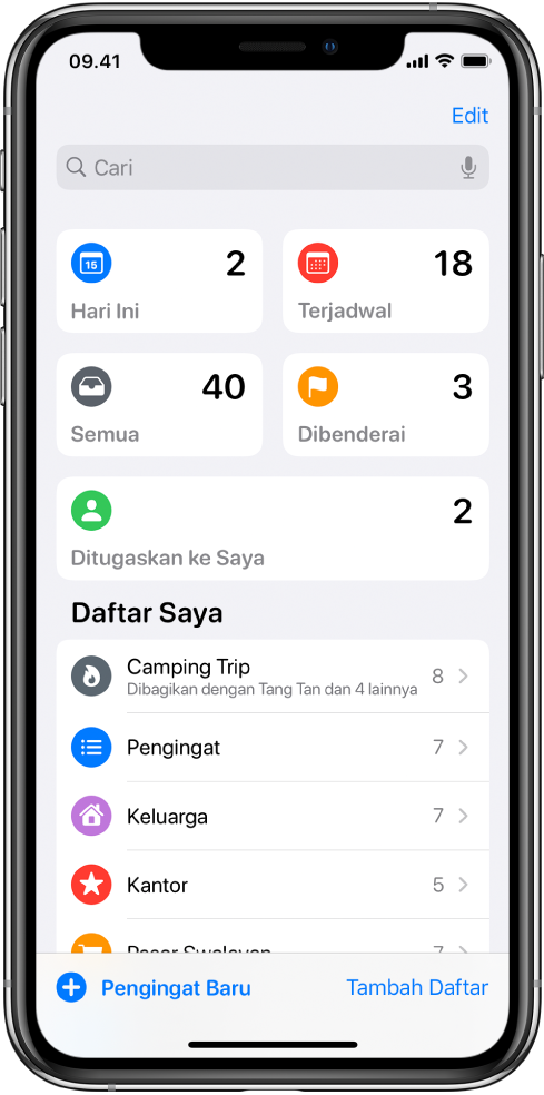 Layar menampilkan beberapa daftar di Pengingat. Daftar Cerdas muncul di bagian atas untuk pengingat yang tenggat hari ini, pengingat terjadwal, semua pengingat, dan pengingat yang dibenderai. Tombol Tambah Daftar ada di kanan bawah.