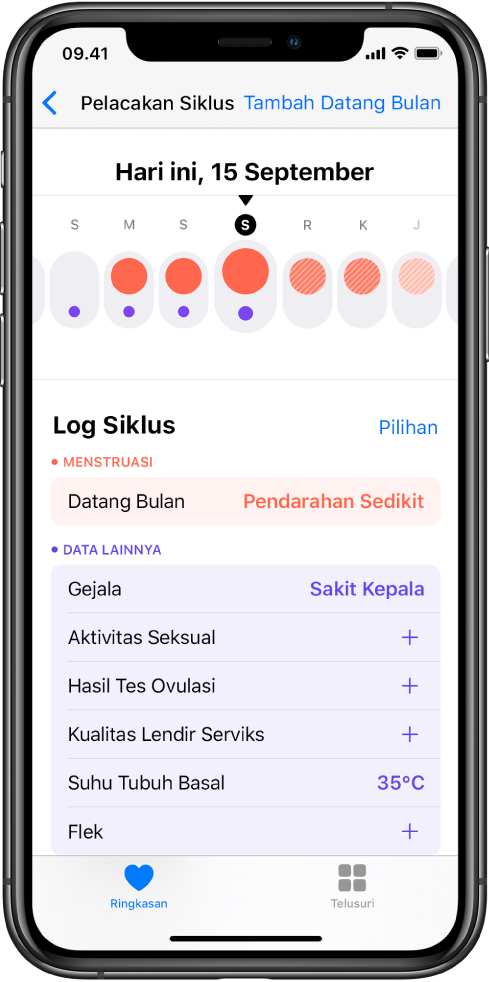 Layar Pelacakan Siklus di app Kesehatan.