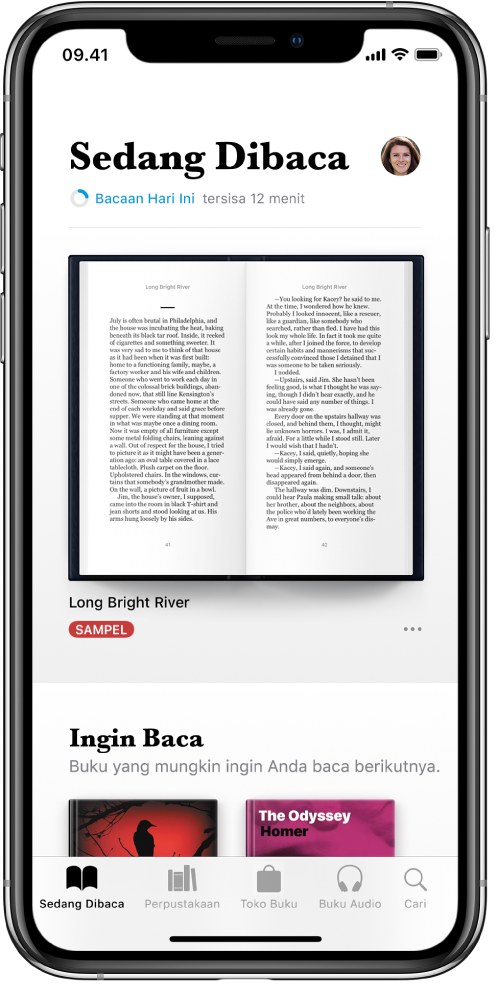 Layar Sedang Dibaca di app Buku. Di bagian bawah layar, dari kiri ke kanan, terdapat tab Sedang Dibaca, Perpustakaan, Toko Buku, Buku Audio, dan Cari.