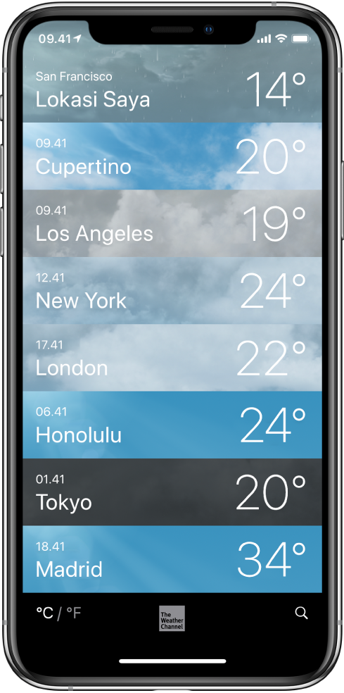 Daftar kota menampilkan waktu dan suhu saat ini untuk setiap kota.