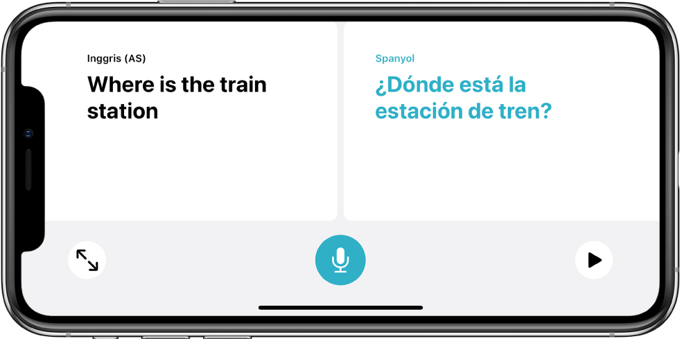 iPhone dalam orientasi lanskap, menampilkan frasa bahasa Inggris di sisi kiri dan terjemahan bahasa Spanyol di sisi kanan.