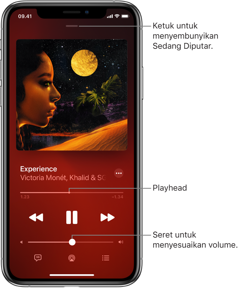 Layar Sedang Diputar menampilkan gambar album. Di bagian bawah terdapat judul lagu, nama artis, tombol Lainnya, pemutaran, kontrol pemutaran, penggeser volume, tombol Lirik, tombol Tujuan Pemutaran, dan tombol Antrean. Tombol Sembunyikan Sedang Diputar berada di bagian atas.