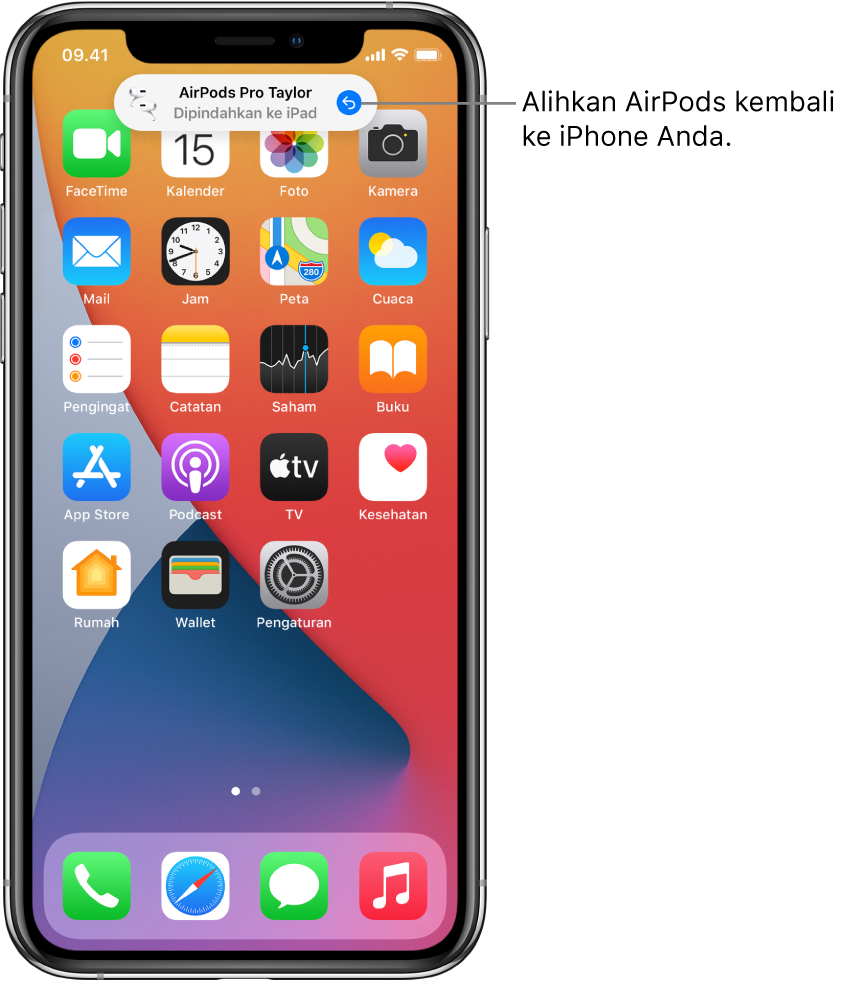 Layar Terkunci dengan pesan di bagian atas yang bertuliskan “AirPods Pro Taylor Dipindahkan ke iPad” dan tombol untuk mengalihkan AirPods kembali ke iPhone.