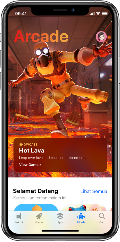 Layar Arcade dari App Store menampilkan game unggulan. Gambar profil Anda, yang Anda ketuk untuk melihat pembelian dan mengelola langganan, berada di kanan atas. Di sepanjang bagian bawah, dari kiri ke kanan, terdapat tab Hari Ini, Game, App, Arcade, dan Cari.