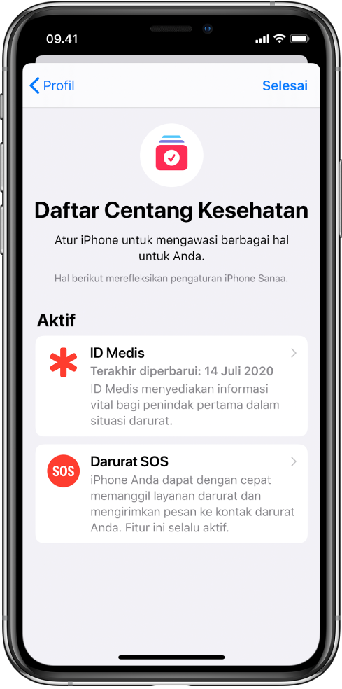 Layar Daftar Centang Kesehatan menampilkan bahwa ID Medis dan Darurat SOS aktif.