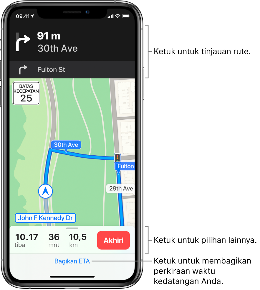 Peta menampilkan rute berkendara, termasuk petunjuk arah untuk berbelok ke kanan dalam 300 kaki. Di dekat bagian bawah peta, waktu kedatangan, waktu perjalanan, dan total jarak tempuh muncul di kiri tombol Akhiri. Bagikan ETA muncul di bagian bawah layar.