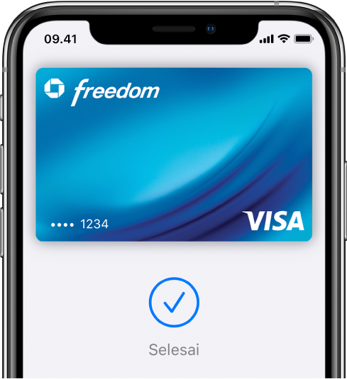 Kartu kredit di layar Wallet. Di bawah kartu terdapat tanda centang dan kata “Selesai.”