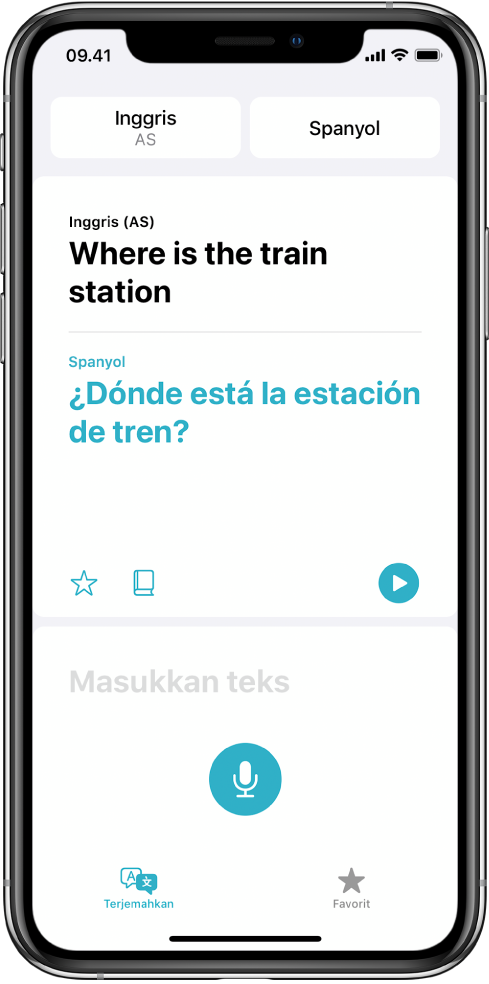 Layar Terjemahkan, menampilkan dua bahasa yang dipilih—bahasa Inggris dan Spanyol—di bagian atas, terjemahan di tengah, dan bidang Masukkan teks di dekat bagian bawah.