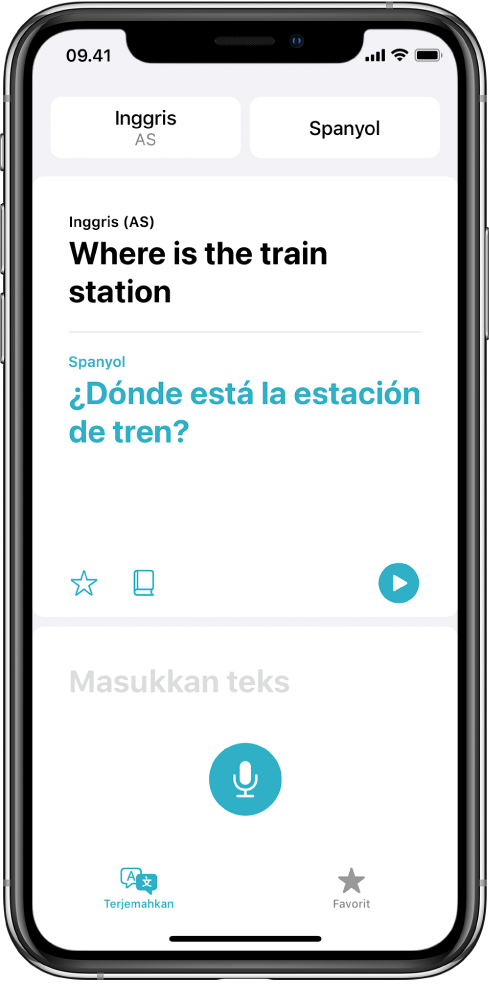 Tab Terjemahkan, menampilkan dua pemilih bahasa—bahasa Inggris dan Spanyol—di bagian atas, terjemahan di tengah, dan bidang Masukkan Teks di dekat bagian bawah.