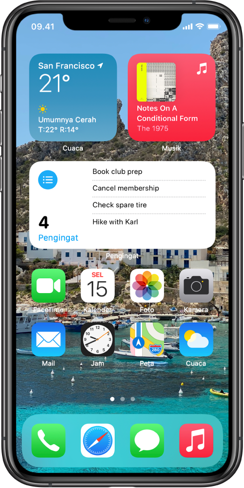 Layar Utama, menampilkan latar belakang yang dipersonalisasi, widget Peta dan Kalender, serta ikon app lainnya.