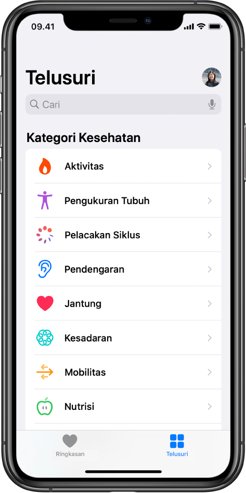Layar Kategori Kesehatan di app Kesehatan.