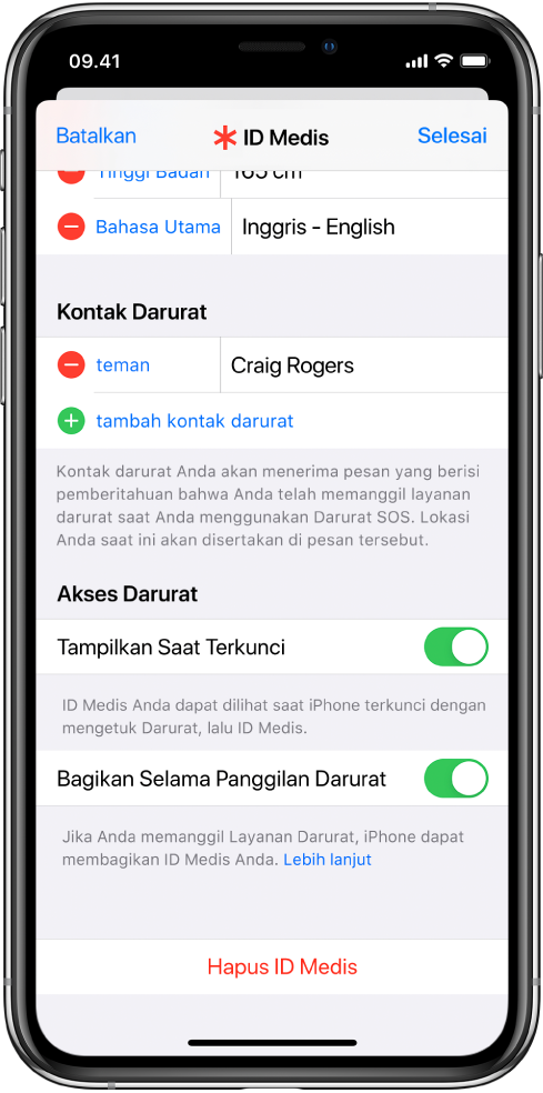 Layar ID Medis. Di bagian bawah terdapat pilihan untuk menampilkan informasi ID Medis Anda saat layar iPhone terkunci dan saat Anda melakukan panggilan darurat.